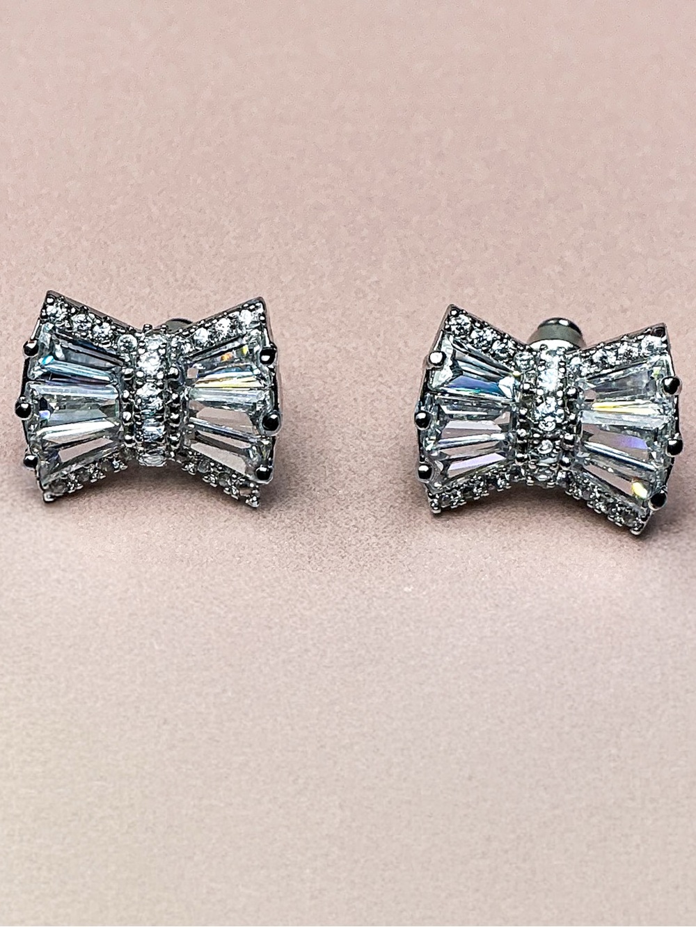 Baguette CZ Bow Silver Filled Stud Earrings Sparkly Dainty Cute Ribbon